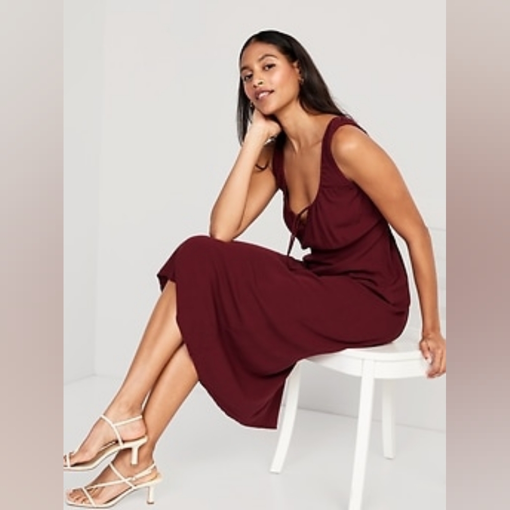Burgundy Waist-Defined Sleeveless Tie-Front Midi Dress